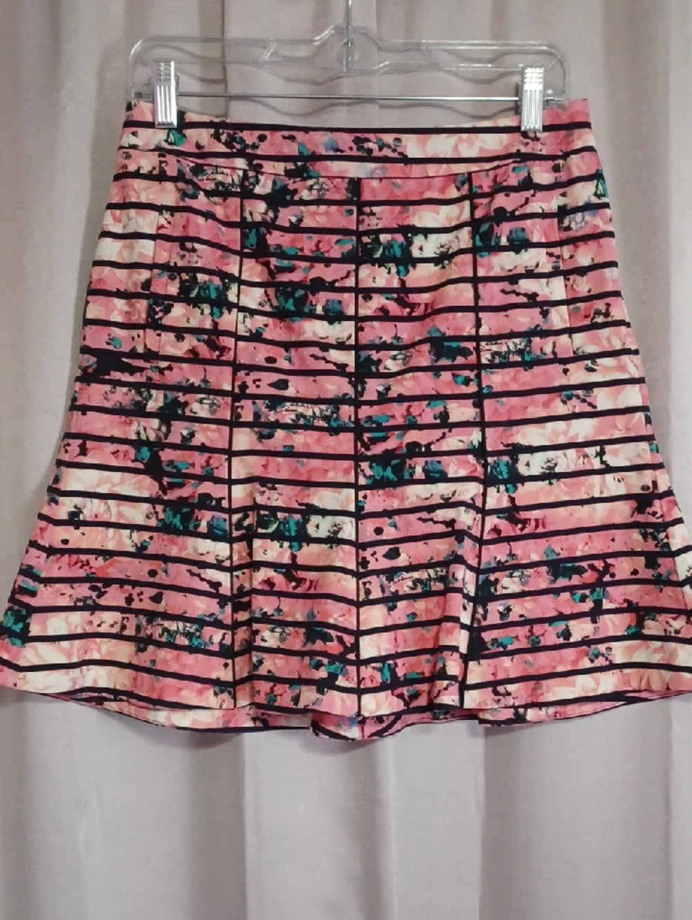 Banana Republic Pink Floral Striped Fit&Flare Skater Skirt Pink Black Pockets